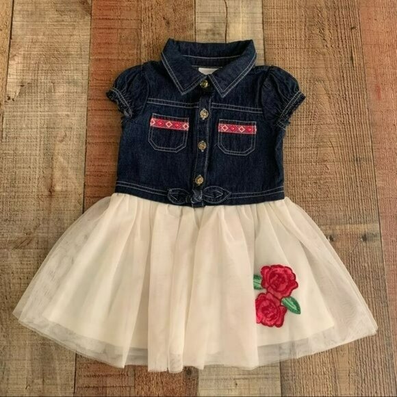 Nannette Kids Girls Size 2T Denim And Tulle Dress With Embroidered Roses - Picture 2 of 8